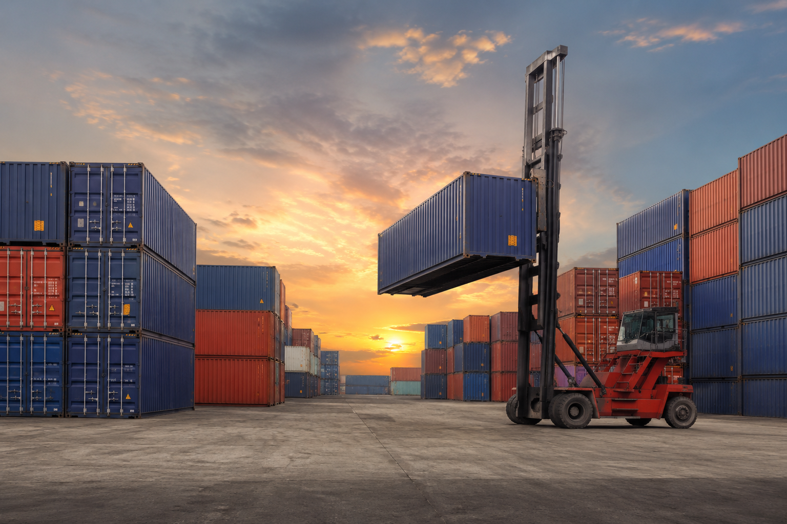 Shipping containers in a yard with a forklift moving a container for storage and transport services in Australia.