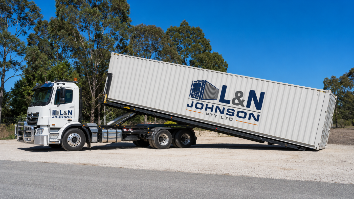 L & N Johnson Pty Ltd tilt tray truck delivering a 40ft shipping container in daylight under a clear blue sky.